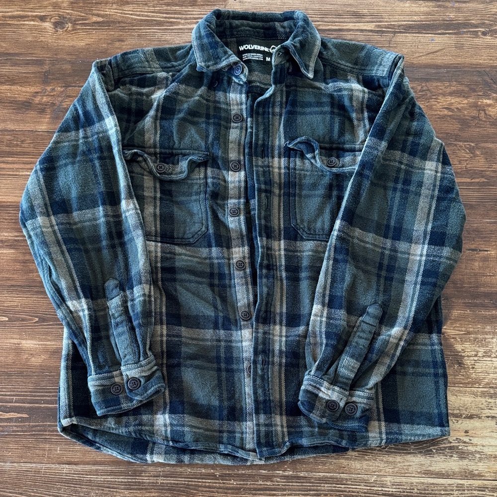 Wolverine Men's Navy and Gray Plaid Button Down Shirt